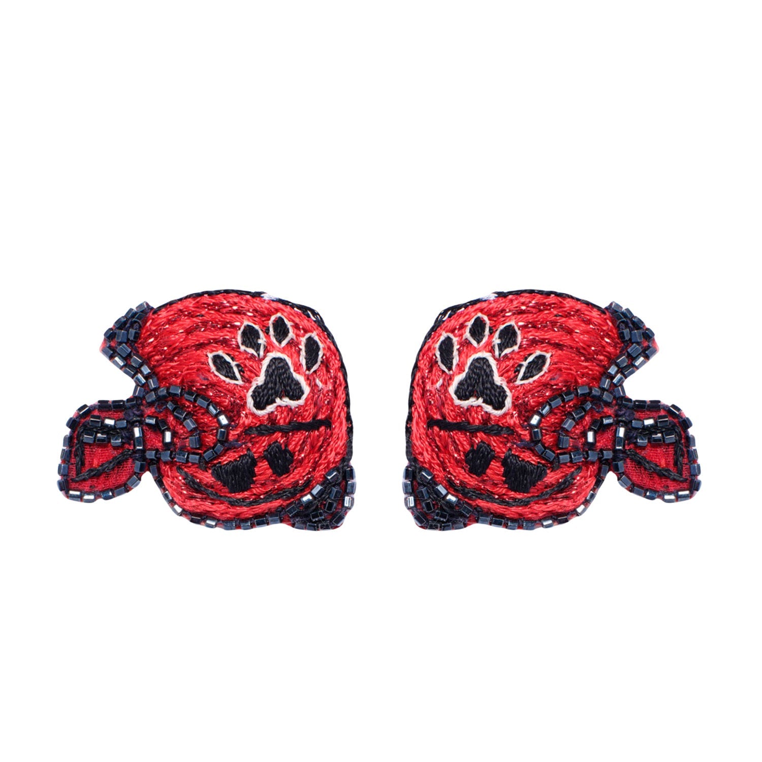 Red and Black Paw Print Embroidered Football Helmet Stud Earrings on Flat White Background