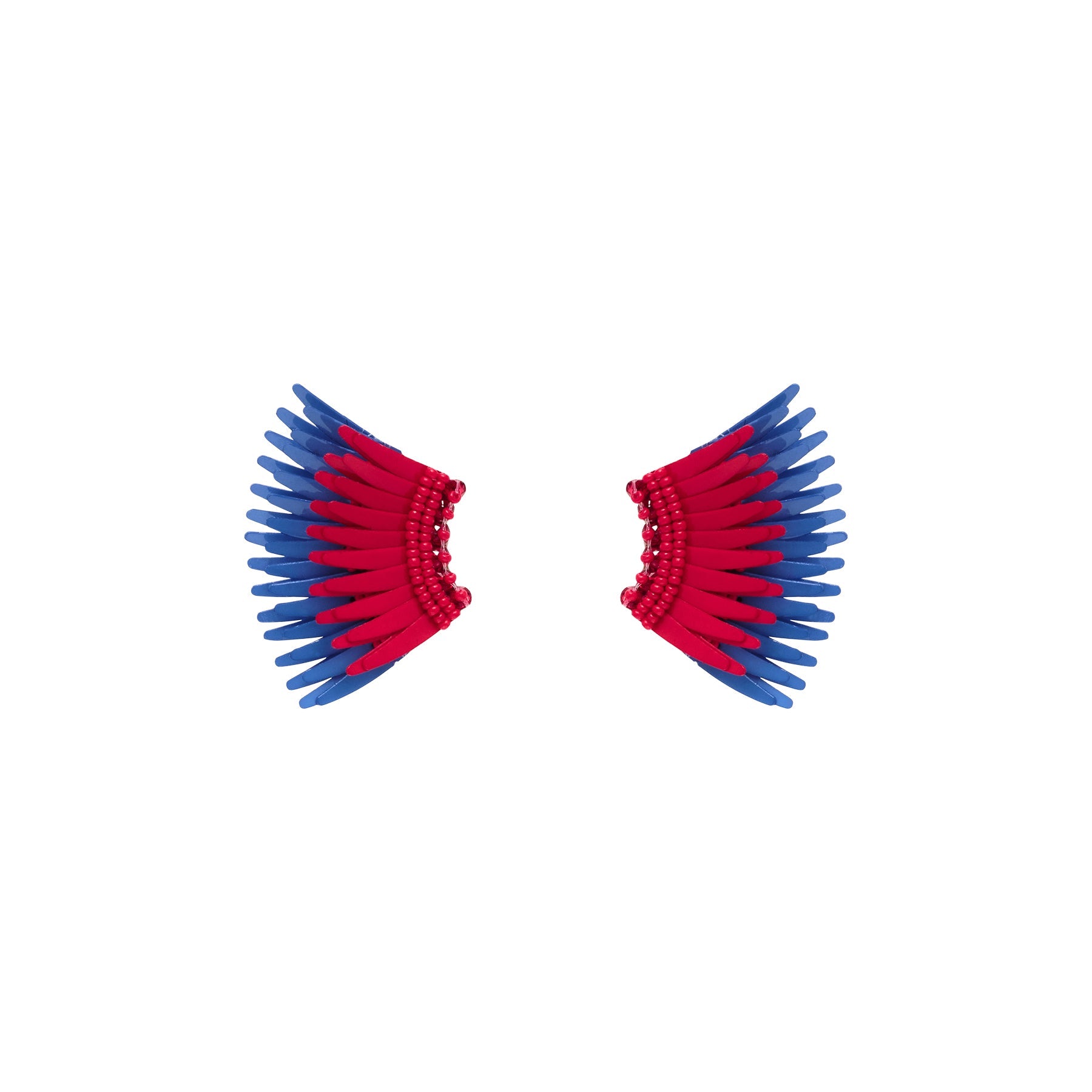 Red and Blue Sequin and Bead Wing Stud Earrings on Flat White Background