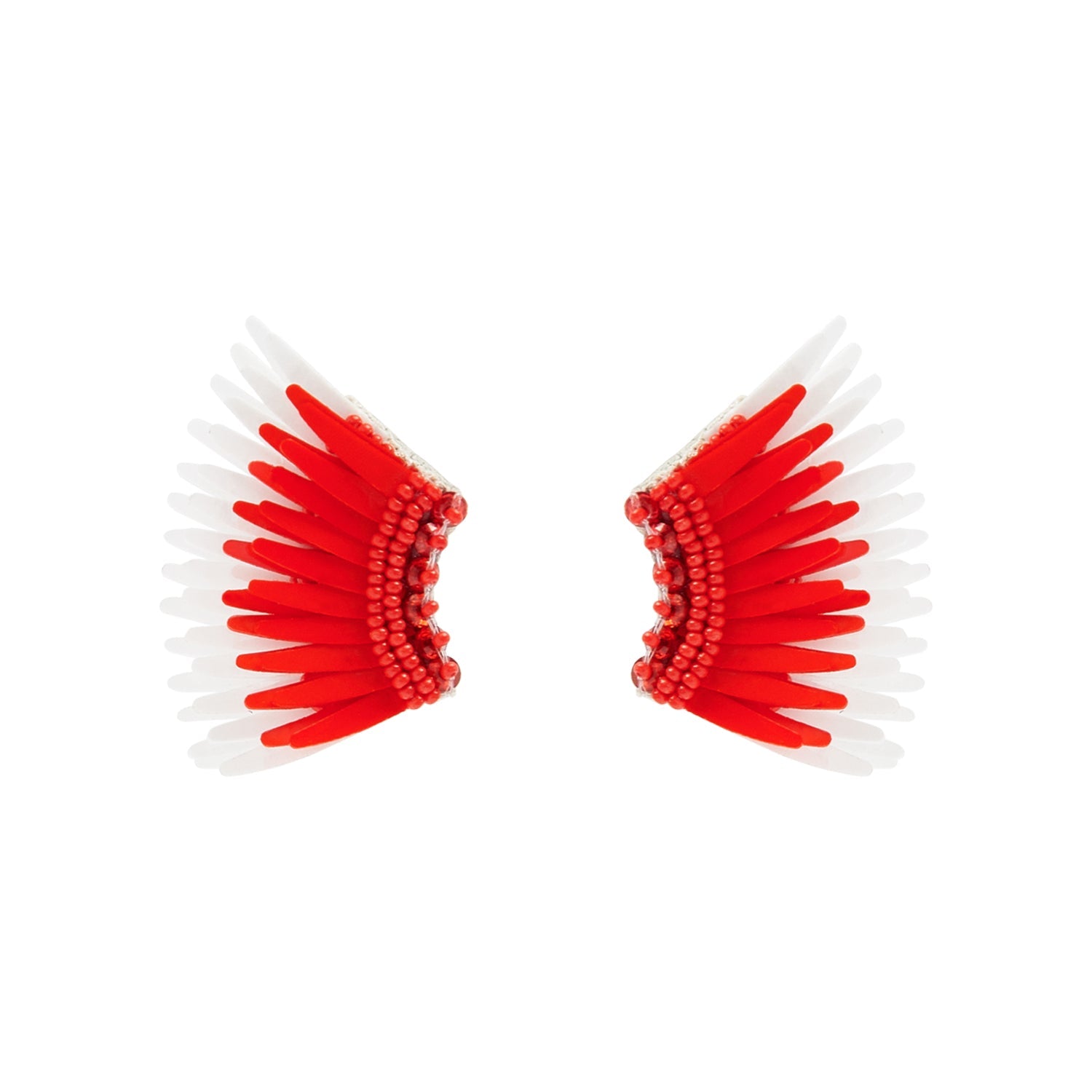 Red and White Sequin and Bead Wing Stud Earrings on Flat White Background