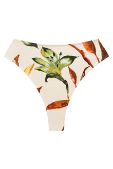 Cream bikini bottom with green and yellow flower and rust-colored petal print throughout.