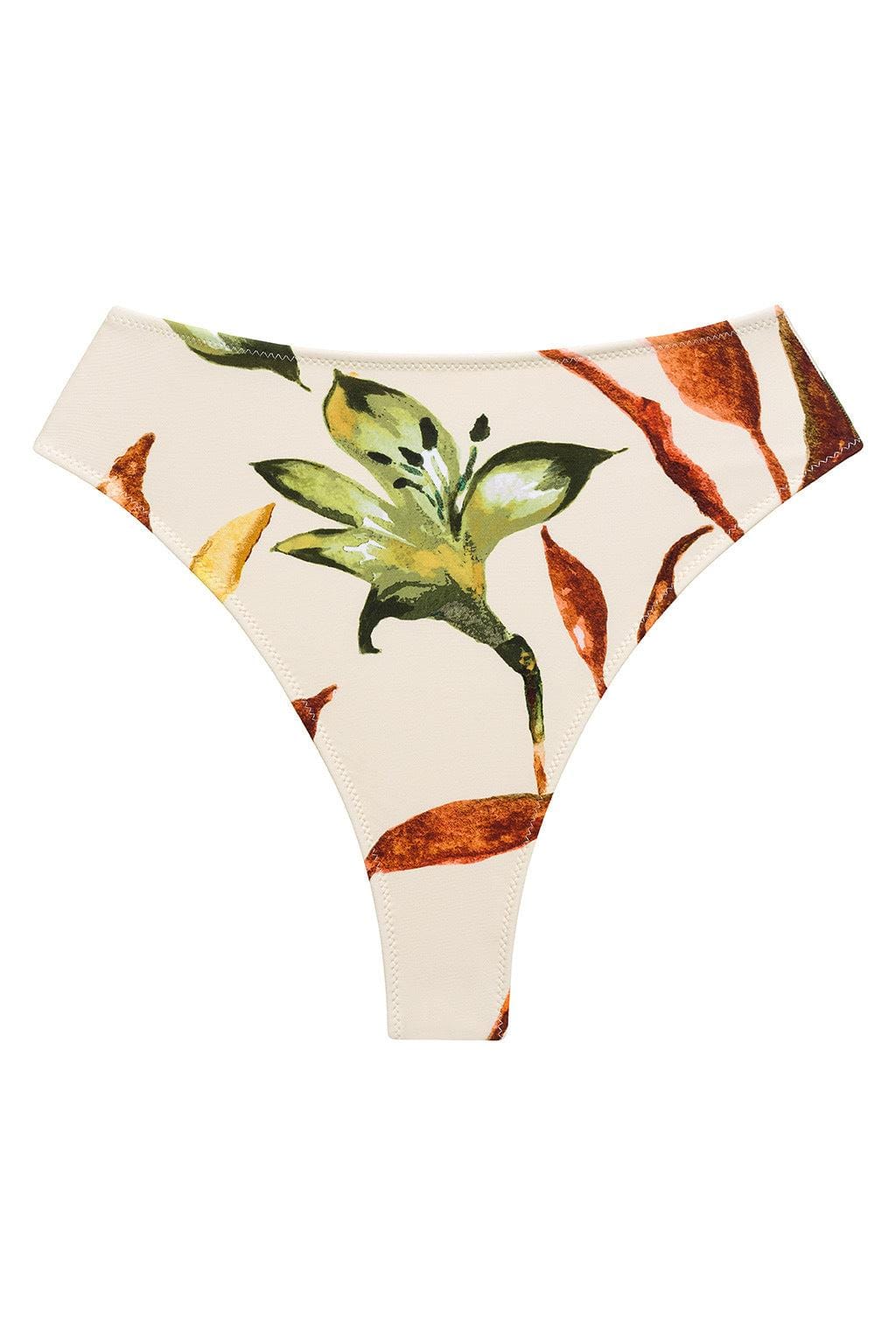 Cream bikini bottom with green and yellow flower and rust-colored petal print throughout.