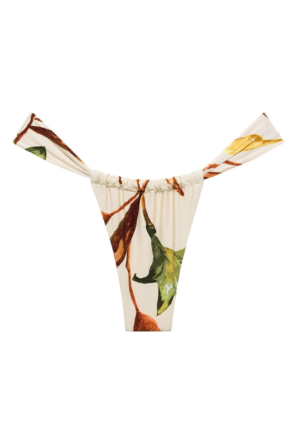Cream bikini bottom with brown, rust, and green floral botanical print and tie-front detail.
