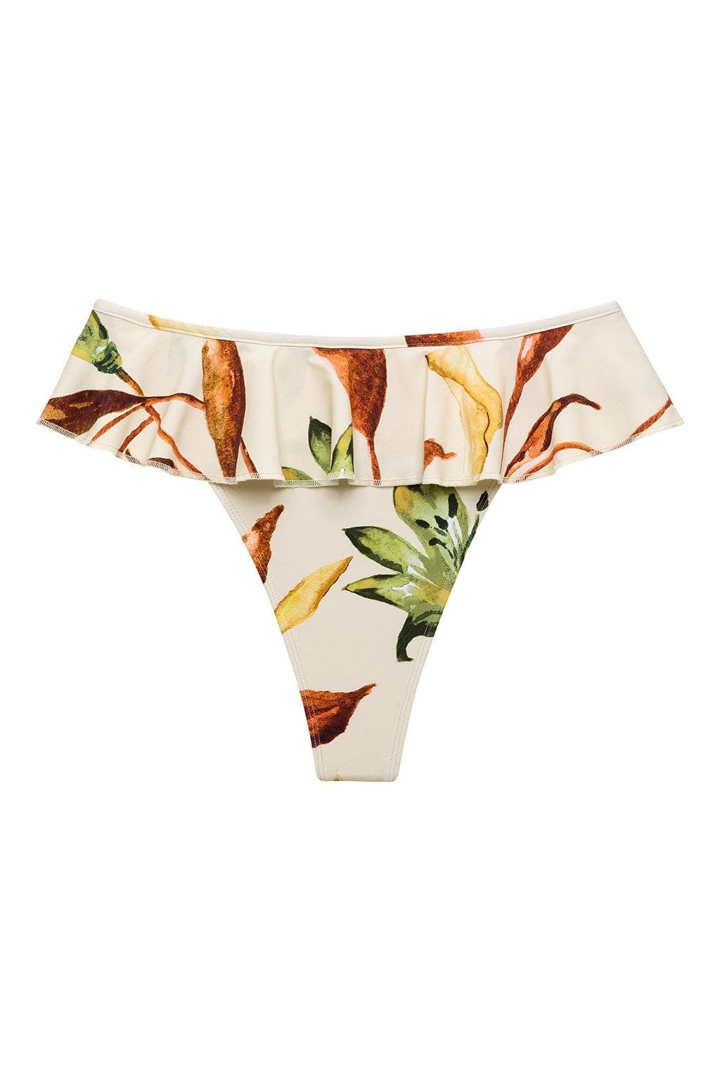 Cream bikini bottom with floral print featuring brown and green leaves, ruffled waistband, and thong cut.