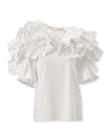 Elbow Sleeve Draped Floral Ruffle Top | White