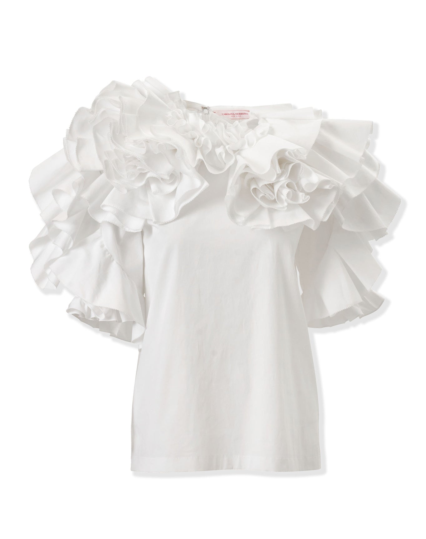 Elbow Sleeve Draped Floral Ruffle Top | White