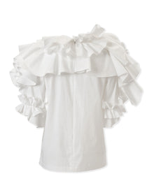 Elbow Sleeve Draped Floral Ruffle Top | White
