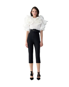 Elbow Sleeve Draped Floral Ruffle Top | White