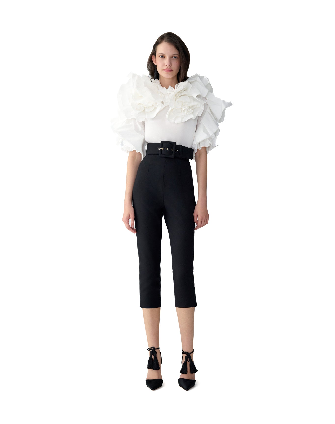 Elbow Sleeve Draped Floral Ruffle Top | White