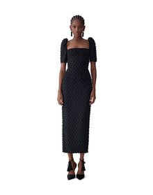 Embroidered Short Sleeve Square Neck Midi Dress | Black