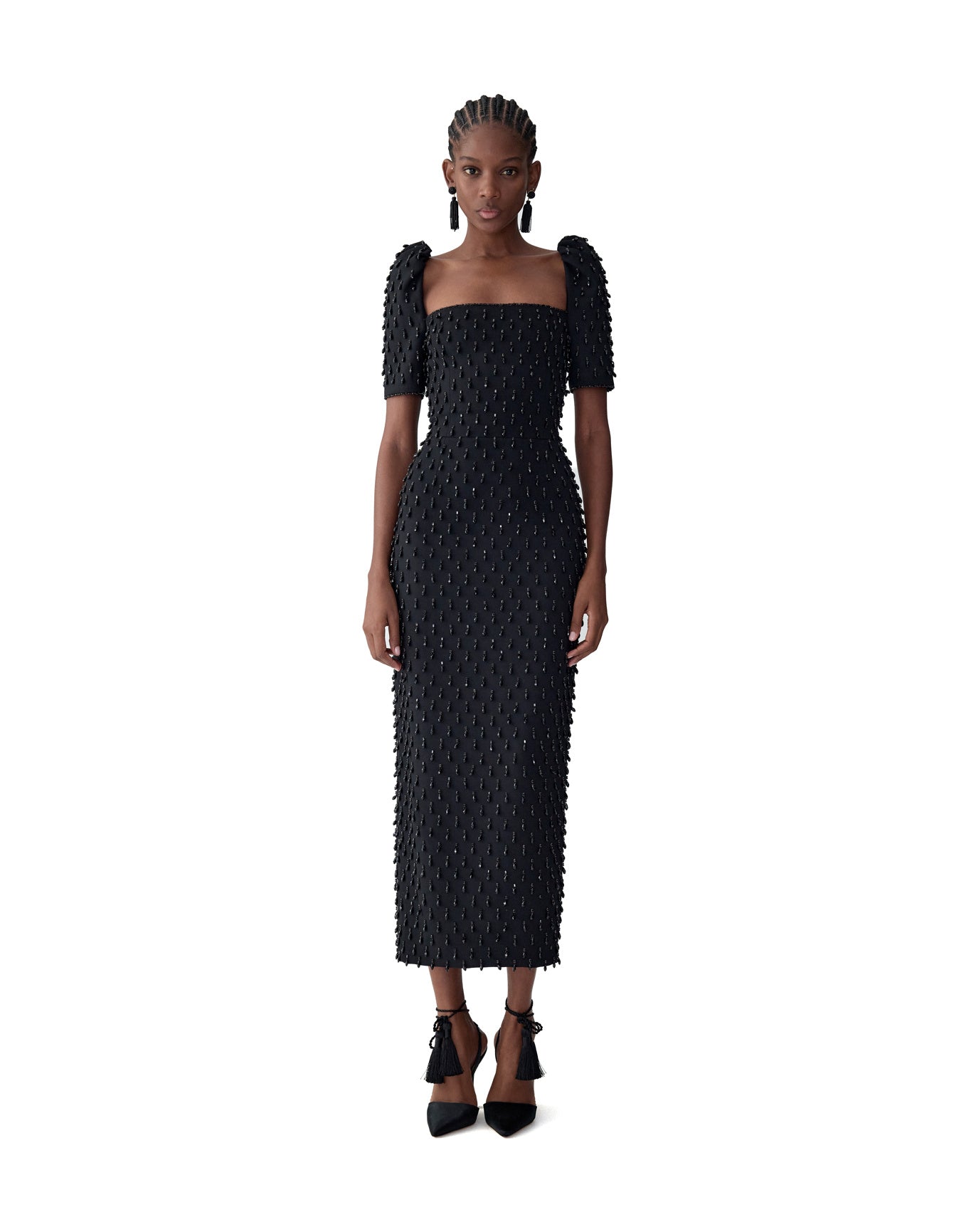 Embroidered Short Sleeve Square Neck Midi Dress | Black