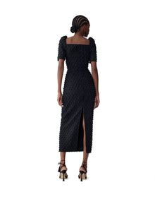 Embroidered Short Sleeve Square Neck Midi Dress | Black