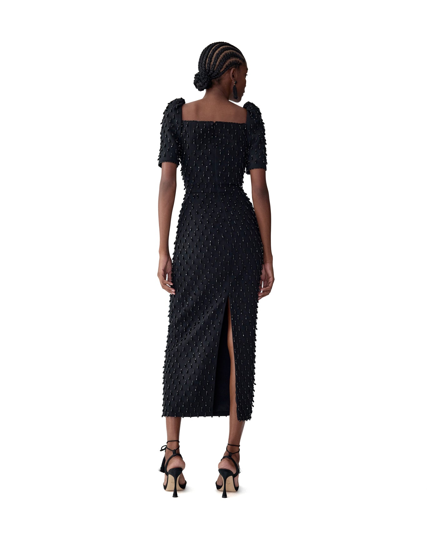 Embroidered Short Sleeve Square Neck Midi Dress | Black