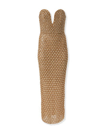 Embroidered Strapless Deep V Column Dress | Gold