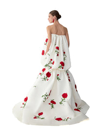 Embroidered Strapless Bubble Gown | Ivory Multi