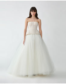 Embroidered Strapless Tiered Gown | White