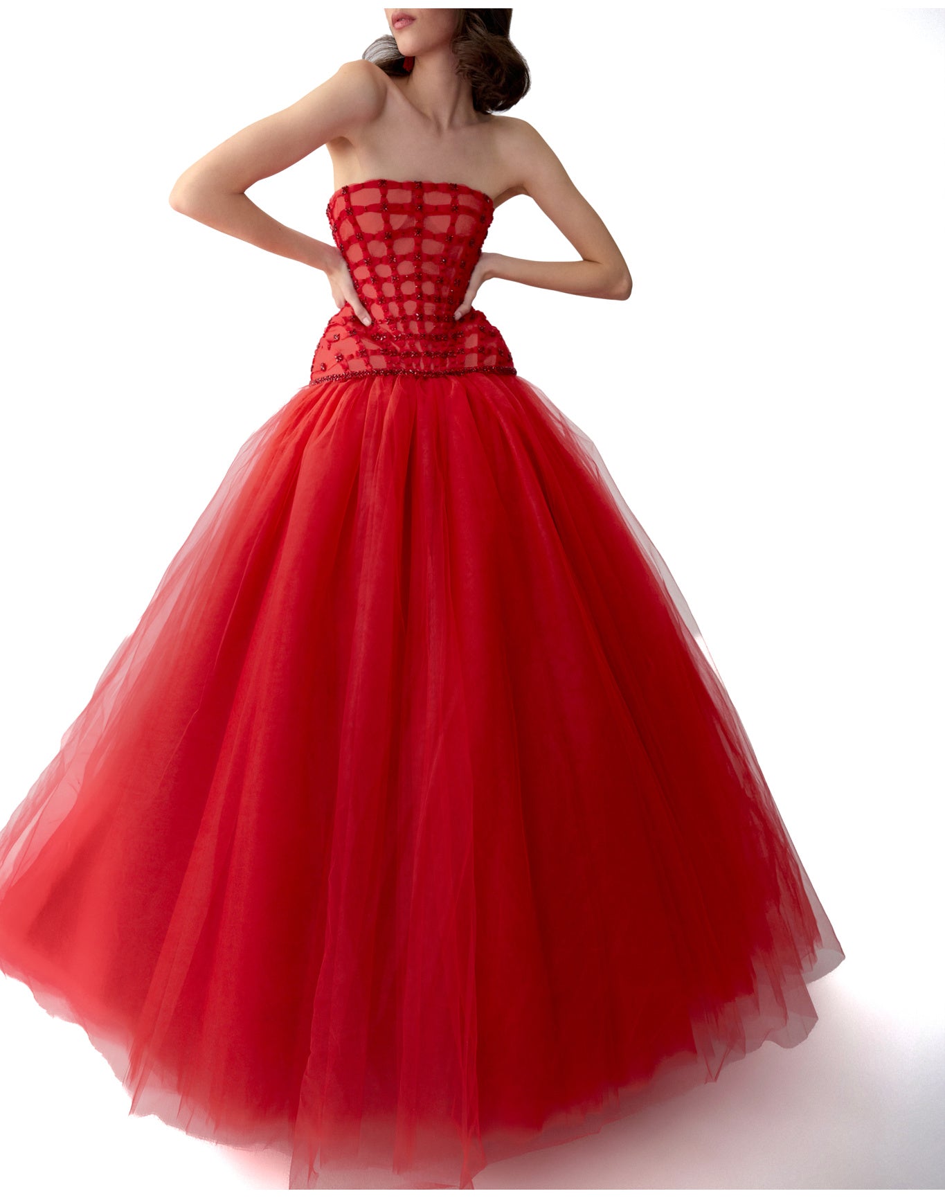 Embroidered Strapless Tiered Gown | Herrera Red