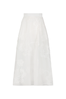 Ribbon Embroidered Cotton Full Skirt | White