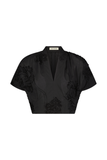 Ribbon Embroidered Cotton V-Neck Top | Black