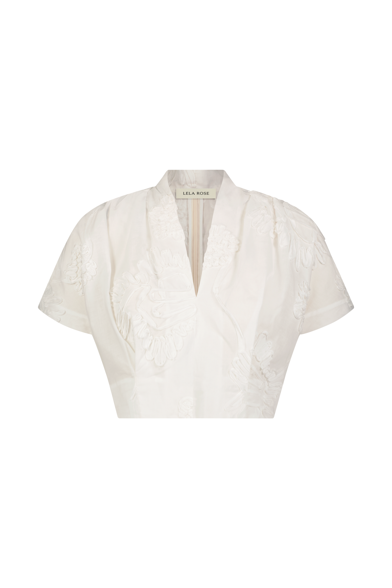 Ribbon Embroidered Cotton V-Neck Top | White