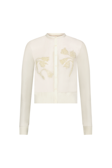 Floral Jacquard Knit Sheer Beaded Cardigan | Cream