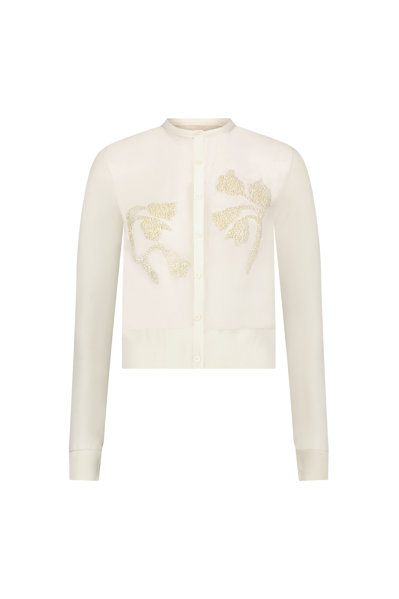 Floral Jacquard Knit Sheer Beaded Cardigan | Cream