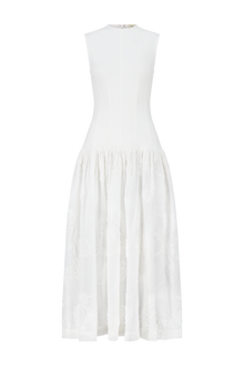 Ribbon Embroidered Cotton Combo Dress | White