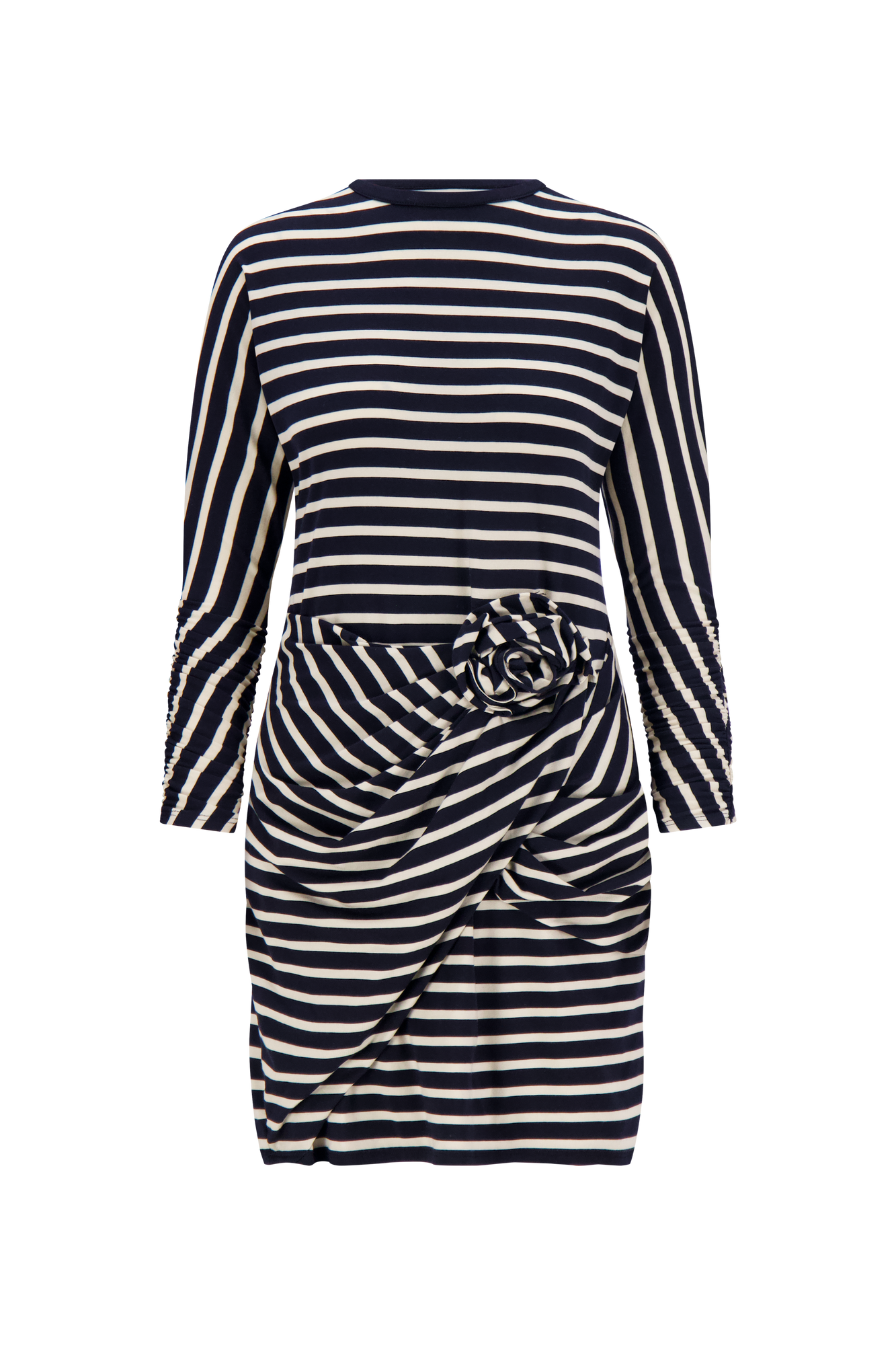 Striped Jersey Rose Ruched Dress | Navy/Cream