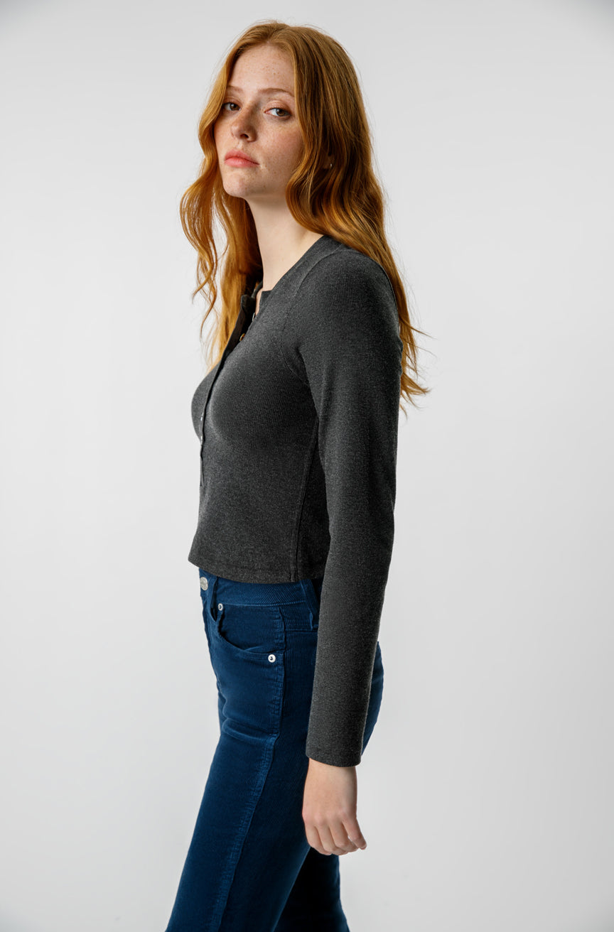 AMO Denim Sassy Rib Henley in Black Heather