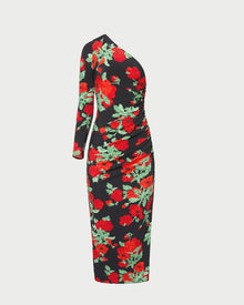 Selena Dress in black floral jersey fabric.