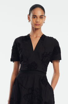 Ribbon Embroidered Cotton V-Neck Top | Black