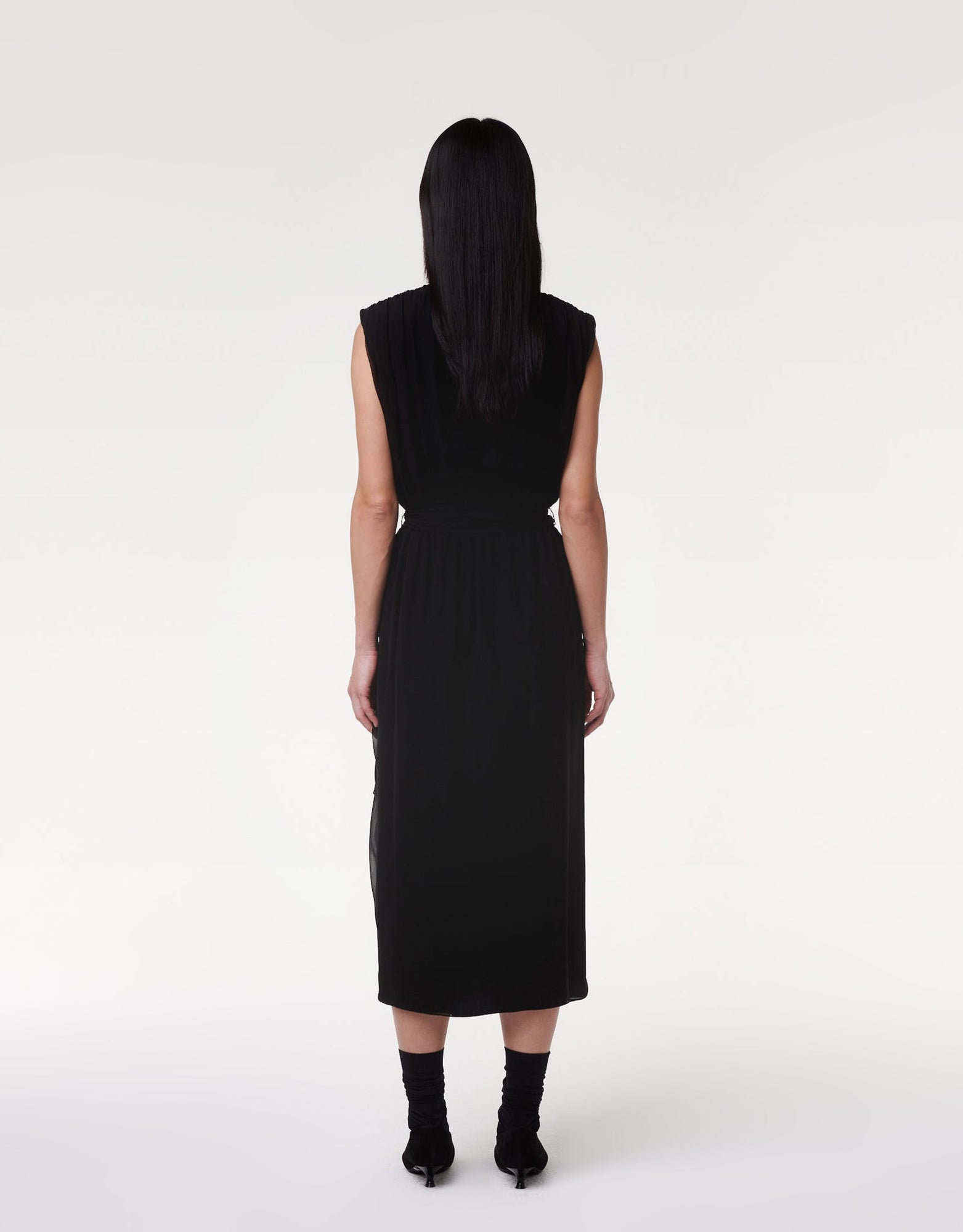 Another Tomorrow Silk Chiffon Gathered Dress in Black – Silk Women's Dress