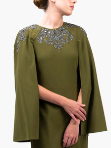 Stretch Crepe Cape Gown | Green