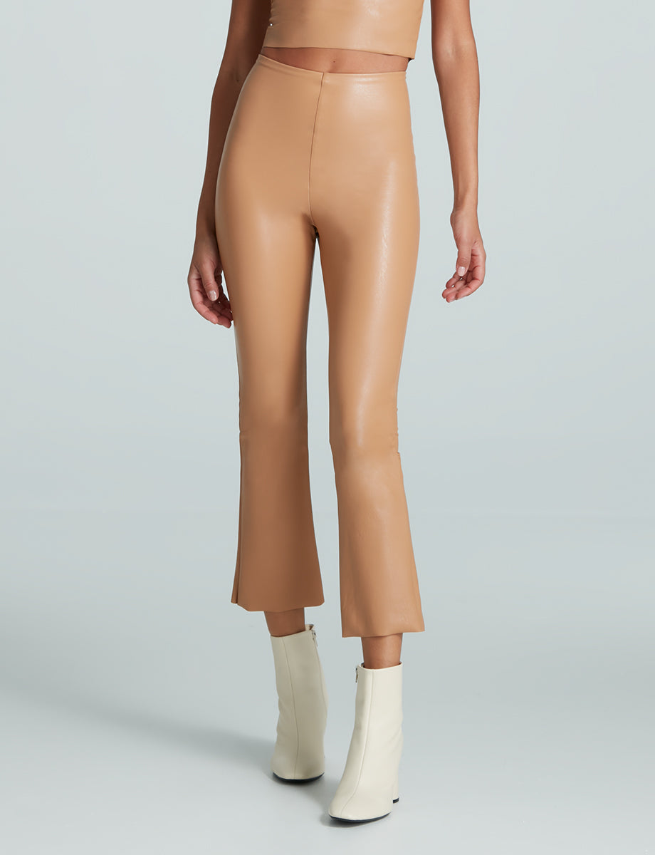 Faux Leather Crop Flare::Camel::Hover