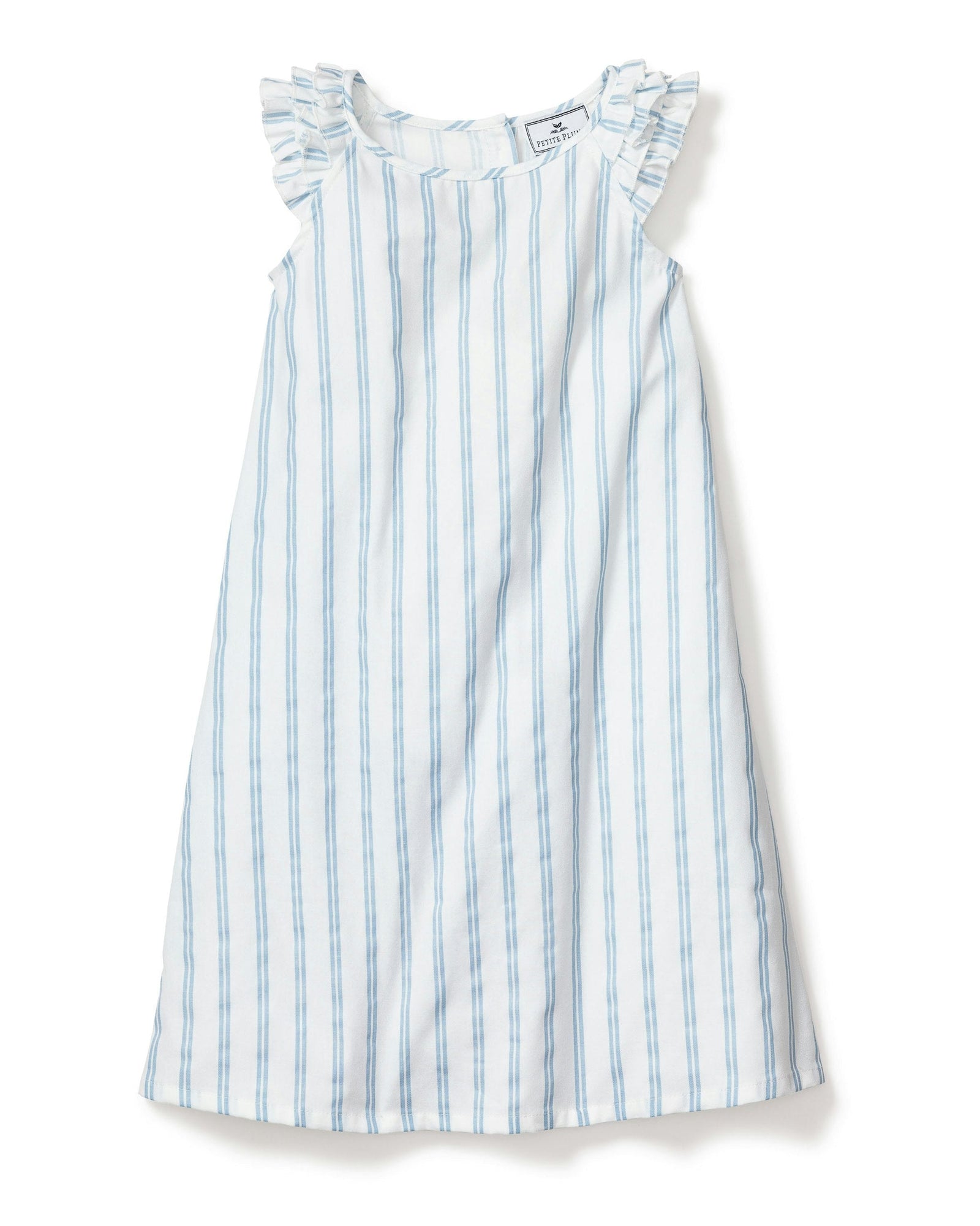 Blue and white striped dress with ruffled shoulders on a white background