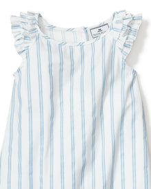 Blue and white striped dress with ruffled shoulders on a white background