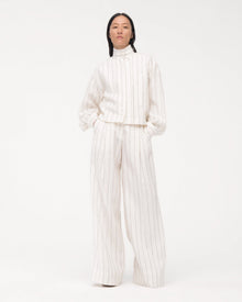 Another Tomorrow Mock Neck Pleat Shirt in Black/Off White – Linen Women's Top