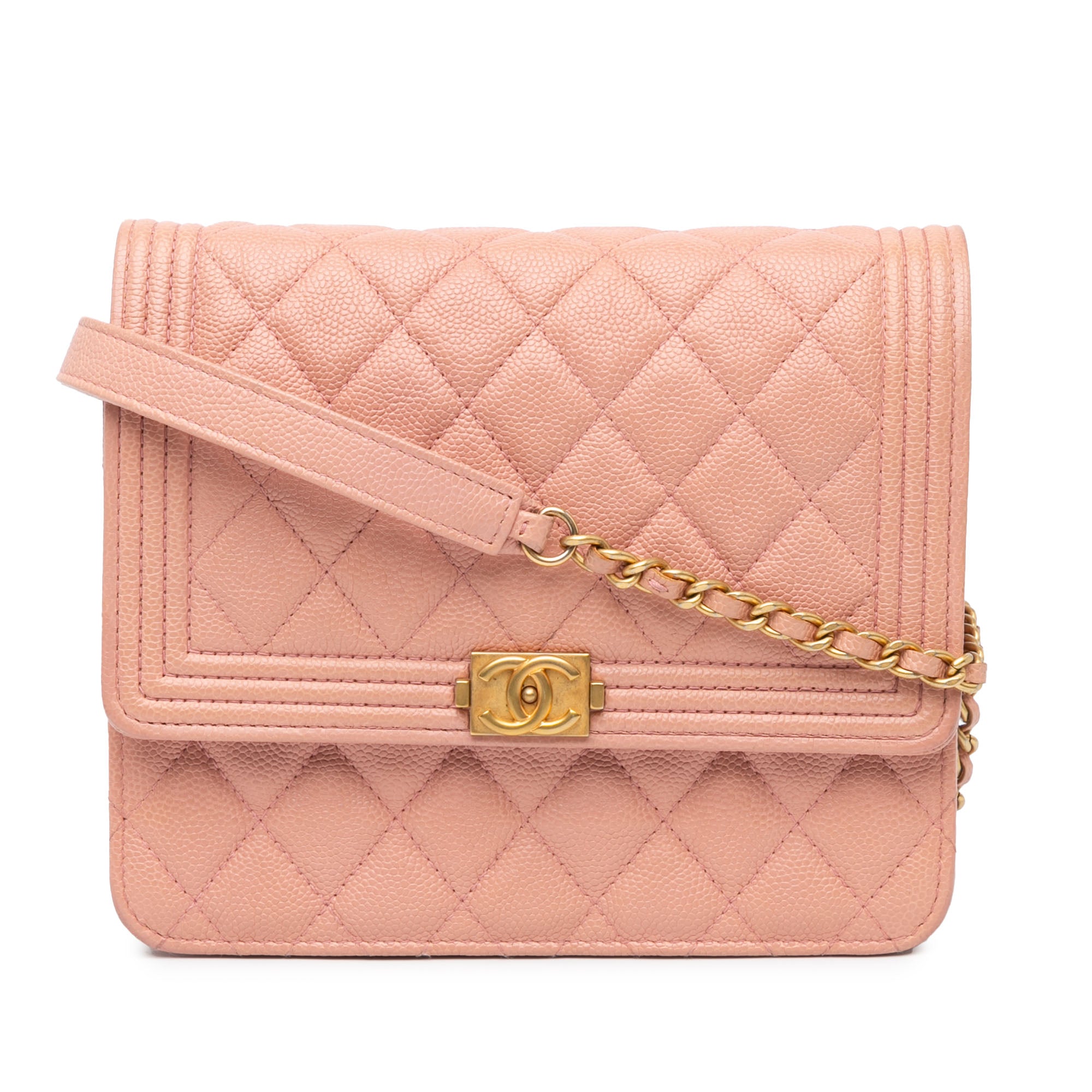 Chanel | Pre-Owned Quilted Caviar Square Boy Wallet On Chain | Pink