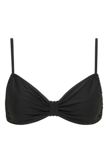 Black bikini top with bow-tie center detail and thin shoulder straps.