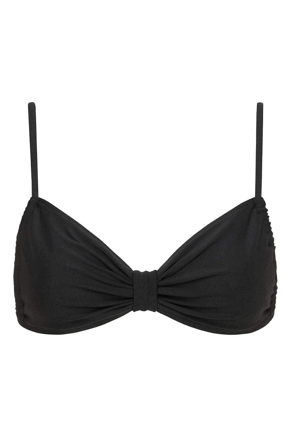 Black bikini top with bow-tie center detail and thin shoulder straps.