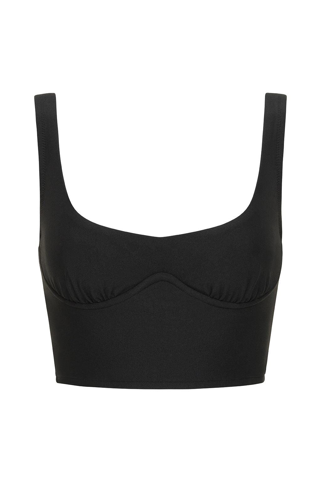 Black ribbed tank top with sweetheart neckline and wide shoulder straps.