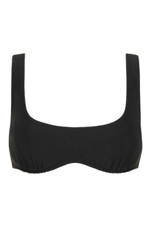 Black sport bikini top with wide shoulder straps, scoop neckline, and gathered sides.