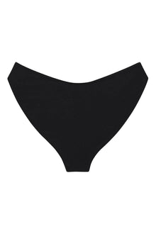 Black bikini bottom with high-waisted cut and zig-zag stitching detail on sides.