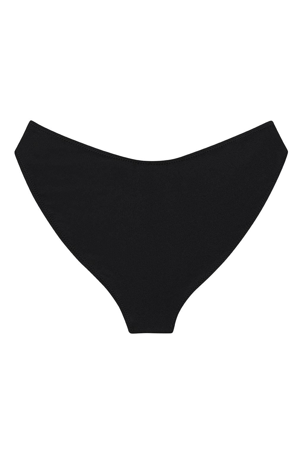 Black bikini bottom with high-waisted cut and zig-zag stitching detail on sides.