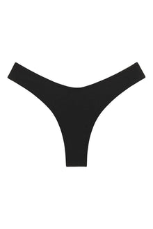 Black bikini bottom with high-leg cut and zig-zag stitch detailing.