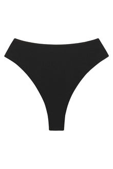 Black textured bikini bottom with high-waisted cut and wide leg openings.
