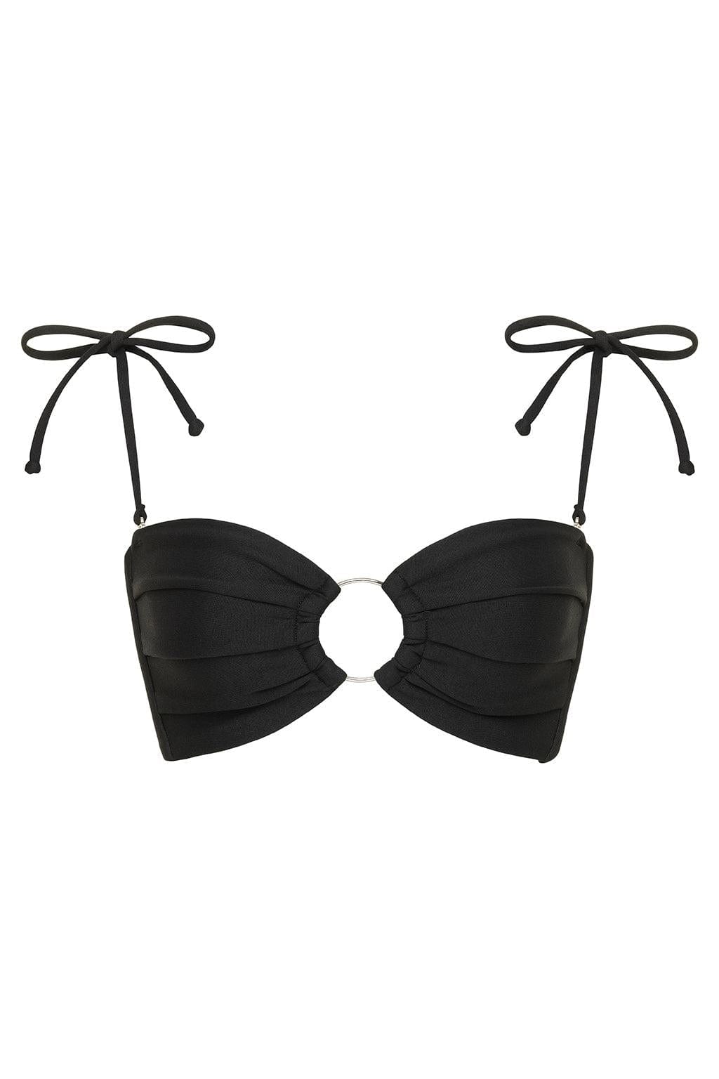 Black bandeau bikini top with cutout center and adjustable tie straps with beaded ends.