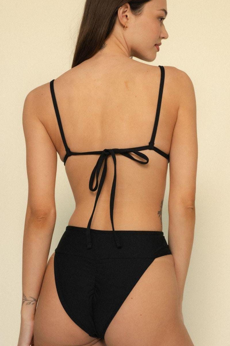 Black bikini top with thin shoulder straps and tie-back closure shown from back view.