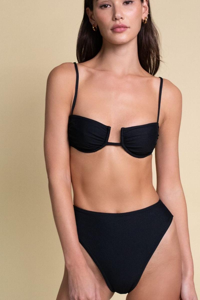 Black high-waisted bikini bottom with moderate coverage on a neutral background.