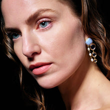 Stone, Crystal, and Freshwater Pearl Drop Earrings Styled on Model