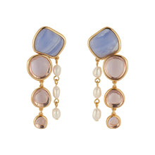 Stone, Crystal, and Freshwater Pearl Drop Earrings on Flat White Background